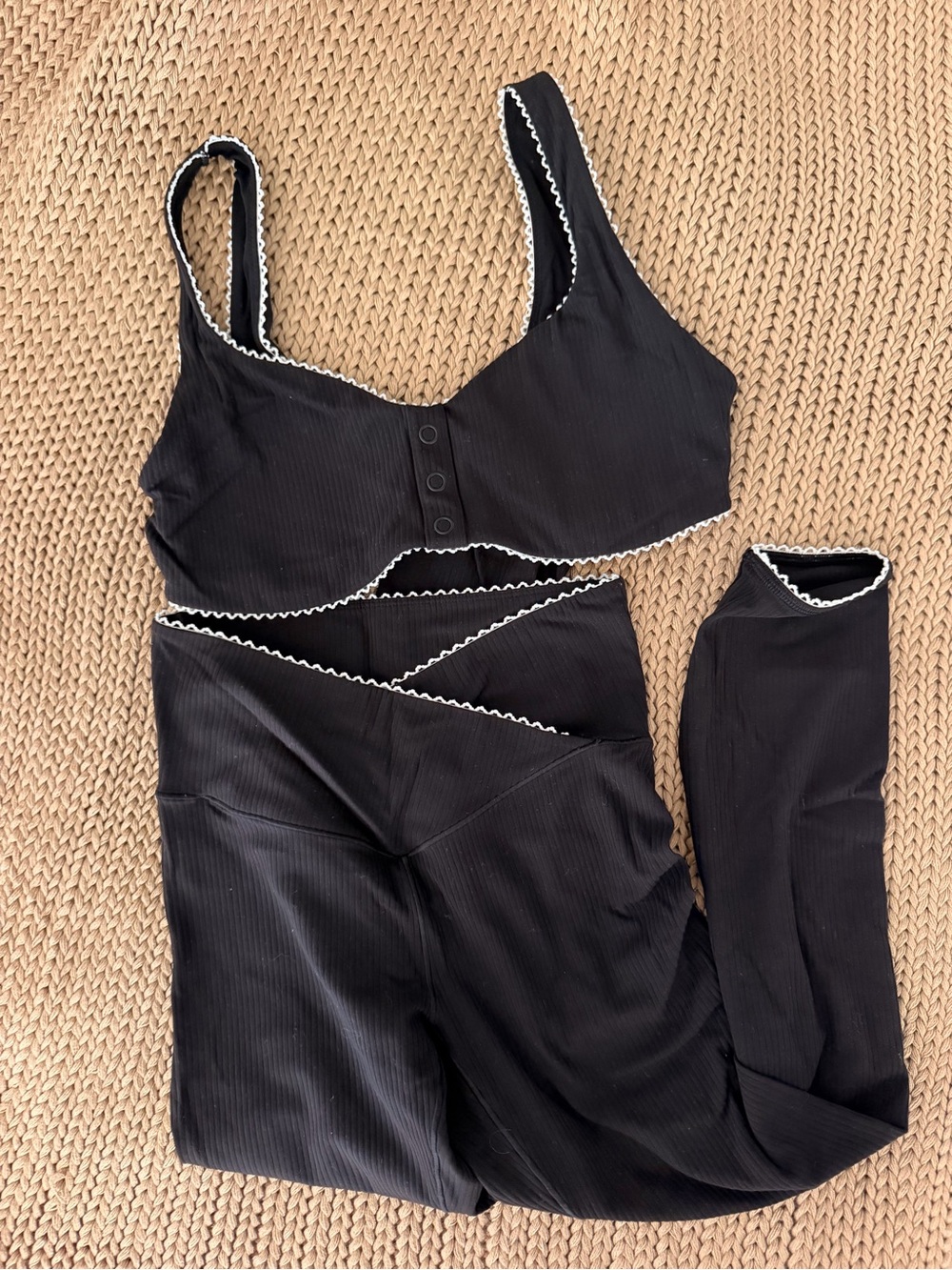 Aerie Offline Black Ribbed Lace-Trim Bralette & Leggings Set